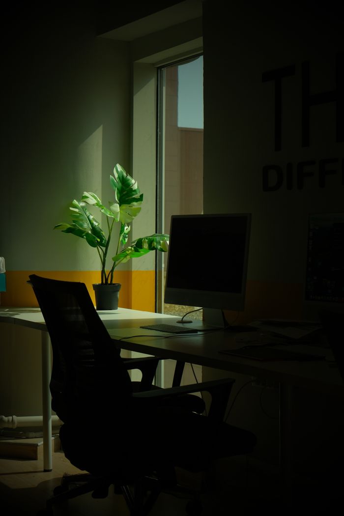 A minimalist office space featuring a desk, computer monitor, and green potted plant by a window.